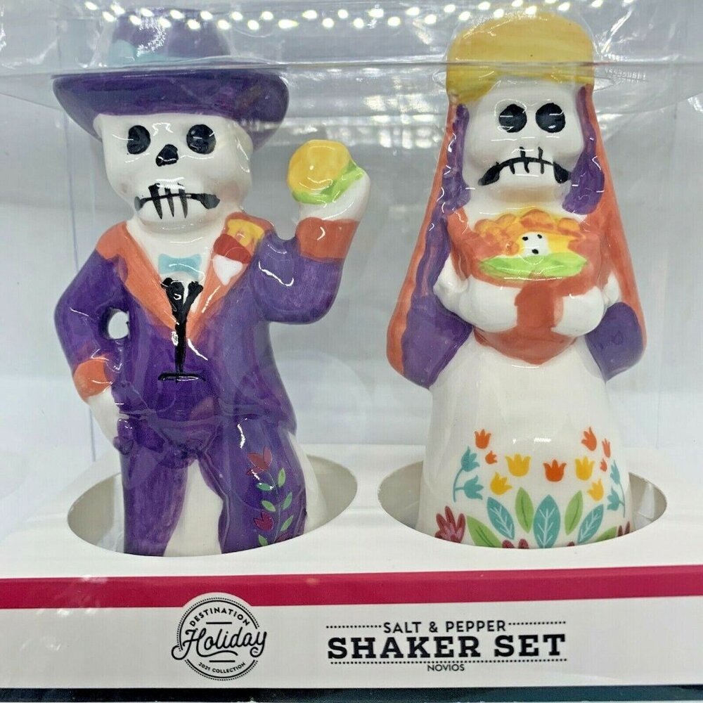 Halloween & Dia De Los Muertos Bride & Groom Salt & Pepper Shaker Set